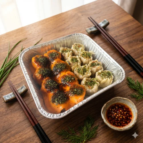 Dimsum Mix isi 16 pcs ( 8 Ori + 8 Mentai) + 1 Cup Chili Oil