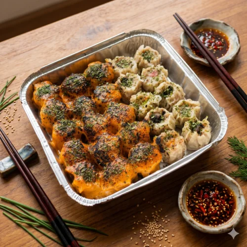 Dimsum Mix isi 25 pcs ( 10 Ori + 15 Mentai) + 2 Cup Chili Oil